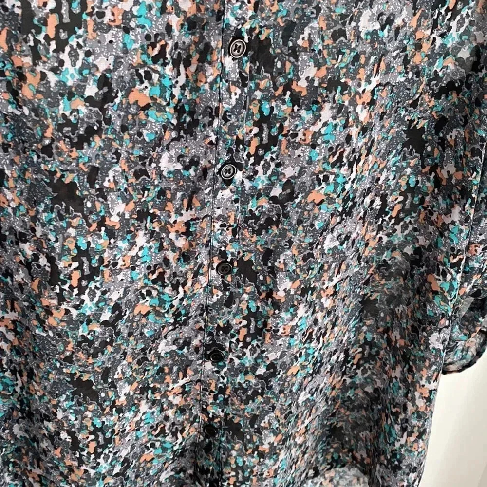 Socialite Button Down Cuff Sleeve 3/4 Sleeve Multicolor Print Open Back Blouse L - Picture 16 of 16